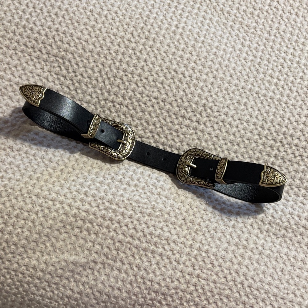 Black Leather Belt with Gold Buckles